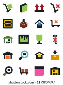 Color and black flat icon set - fragile vector, cargo, warehouse storage, up side sign, no trolley, hook, package, search, scanner, blank box