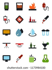 Color and black flat icon set - hot cup vector, water drop, dropper, flammable, monitor, alcohol, drink, cocktail, filter, sprinkler, flask