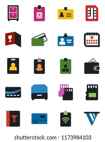 Color and black flat icon set - credit card vector, identity, medical calendar, sd, sim, archive box, wine, pass, wallet, pennon