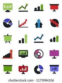 Color and black flat icon set - growth statistic vector, presentation board, crisis graph, monitor, circle chart, statistics, bar, pie, point, arrow up