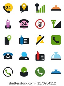 Color and black flat icon set - phone vector, no mobile, reception bell, office, 24 hours, support, tracking, radio, call, mute, cellular signal