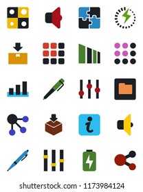 Color and black flat icon set - package vector, sorting, settings, menu, folder, charge, application, pen, sound, information, social media
