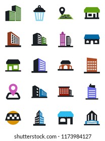 Color and black flat icon set - taxi vector, shop, office building, garden light, navigation, store, city house, cafe, storefront