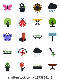 Color and black flat icon set - sun vector, flower in pot, ripper, tree, butterfly, lady bug, seedling, rain, plant label, picnic table, tulip
