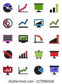 Color and black flat icon set - growth statistic vector, presentation board, crisis graph, circle chart, monitor pulse, statistics, bar, pie, point