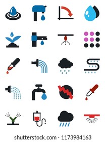 Color and black flat icon set - crisis graph vector, watering, water drop, rain, drip irrigation, dropper, menu, supply, sprinkler