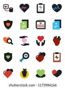 Color and black flat icon set - heart vector, pulse, diagnosis, blood pressure, diagnostic, shield, hand, real, medical calendar, clipboard