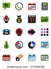 Color and black flat icon set - right arrow vector, calendar, circle chart, microphone, menu, calculator, phone, home message, money bag