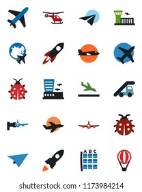 Color and black flat icon set - plane vector, arrival, ladder car, boarding, helicopter, seat map, globe, airport building, lady bug, rocket, paper, air balloon