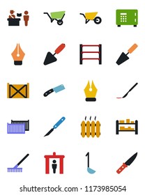 Color and black flat icon set - passport control vector, security gate, safe, trowel, rake, wheelbarrow, scalpel, cargo container, rack, ink pen, heater, ladle, knife