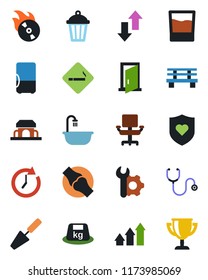 Color and black flat icon set - smoking place vector, trowel, bench, garden light, stethoscope, heart shield, joint, heavy, flame disk, data exchange, root setup, office chair, bathroom, drink, door