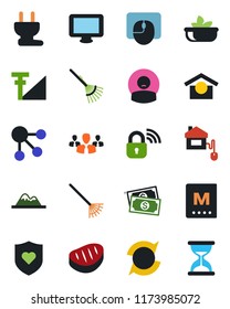 Color and black flat icon set - mouse vector, rake, heart shield, patient, cash, warehouse storage, monitor, cellular signal, update, mountains, menu, salad, steak, home control, power plug, group