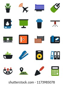 Color and black flat icon set - plane radar vector, checkroom, flower in pot, trowel, navigation, truck trailer, cargo container, railroad, speaker, rca, company, presentation board, paper binder