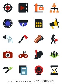 Color and black flat icon set - hierarchy vector, document, watering, pruner, axe, camera, loudspeaker, gamepad, microphone, mobile, sim, video, target, manager, company, crane, bacon, surveillance