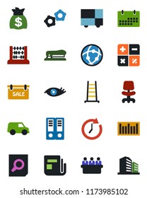 Color and black flat icon set - gear vector, office chair, calculator, binder, document search, abacus, money bag, meeting, ladder, eye, consolidated cargo, barcode, news, network, calendar, stapler