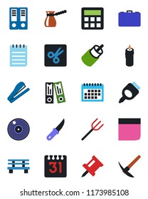 Color and black flat icon set - case vector, office binder, notepad, farm fork, garden knife, bench, vinyl, rca, hdmi, calculator, calendar, cut, drawing pin, blank box, stapler, candle, hard work