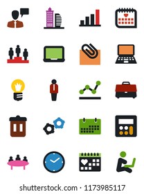 Color and black flat icon set - manager vector, speaking man, gear, pedestal, notebook pc, meeting, bulb, medical calendar, calculator, case, clock, paper clip, bar graph, point, office building