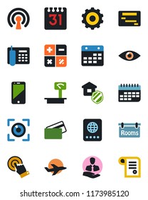Color and black flat icon set - passport vector, gear, calculator, eye, plane, client, term, heavy scales, cell phone, touch screen, calendar, office, rooms, estate insurance, credit card, wireless