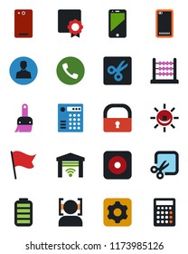 Color and black flat icon set - phone vector, cell, battery, rec button, back, settings, themes, user, cut, lock, face id, sertificate, abacus, garage gate control, combination, alarm led, flag