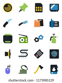 Color and black flat icon set - radar vector, gear, mouse, hose, garden knife, axe, sprayer, drip irrigation, office phone, radio, speaker, tv, paper pin, hdmi, sim, fingerprint id, cutting board
