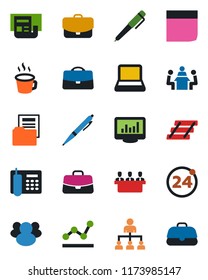 Color and black flat icon set - 24 around vector, hierarchy, case, group, coffee, monitor statistics, news, document folder, office phone, blank box, point graph, meeting, paper tray, notebook pc