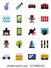 Color and black flat icon set - mobile phone vector, office chair, mouse, tree, syringe, bike, satellite, settings, tv, case, building, cushioned furniture, fireplace, heater, radiator