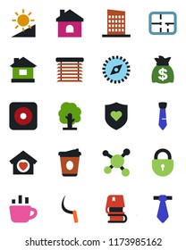 Color and black flat icon set - lock vector, money bag, coffee, tree, house, sickle, heart shield, molecule, rec button, brightness, compass, tie, book, plan, sweet home, city, jalousie