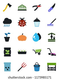 Color and black flat icon set - farm fork vector, rake, seedling, wheelbarrow, bucket, pruner, lawn mower, lady bug, water drop, rain, well, garden knife, axe, pumpkin, light, greenhouse, seeds