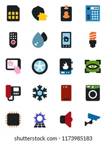 Color and black flat icon set - phone back vector, sim, chip, fan, remote control, water heater, snowflake, intercome, home app, washer, energy saving bulb, sound, eye scan, protect, sun panel