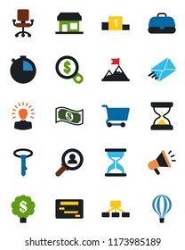 Color and black flat icon set - stopwatch vector, consumer search, shining head, motivation, office chair, money, cart, cash, case, schedule, hierarchy, mail, advertising, pedestal, tie, tree