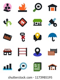 Color and black flat icon set - route vector, pin, store, satellite, client, mobile tracking, cargo container, receipt, umbrella, no hook, warehouse, sorting, flammable, search, barcode, rack