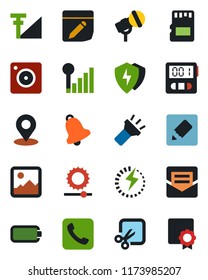 Color and black flat icon set - microphone vector, call, mobile camera, gallery, protect, stopwatch, bell, mail, sd, notes, torch, brightness, cut, place tag, cellular signal, battery, charge