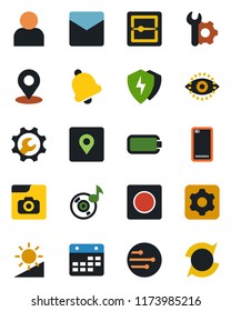 Color and black flat icon set - phone back vector, protect, settings, user, bell, mail, record, scanner, network, calendar, brightness, place tag, eye id, music, photo gallery, battery, root setup