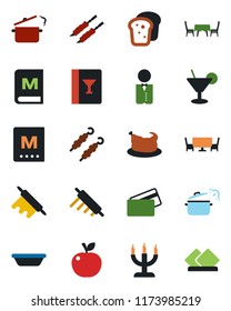 Color and black flat icon set - waiter vector, wine card, menu, cocktail, bread, candle, cafe table, credit, chicken, kebab, bowl, rolling pin, steaming pan, apple fruit, serviette
