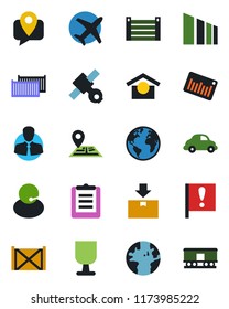 Color and black flat icon set - navigation vector, earth, important flag, plane, satellite, support, client, mobile tracking, cargo container, car delivery, clipboard, fragile, warehouse storage