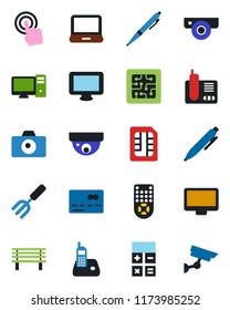 Color and black flat icon set - credit card vector, camera, calculator, pen, garden fork, bench, remote control, touch screen, monitor, laptop pc, radio phone, sim, chip, web, surveillance