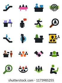 Color and black flat icon set - passport control vector, escalator, handshake, speaking man, meeting, manager place, run, pregnancy, fingerprint id, company, hr, desk, consumer search, group, money