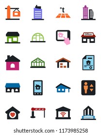 Color and black flat icon set - barrier vector, elevator, house, greenhouse, store, with garage, warehouse, estate document, office building, sweet home, city, crane, cafe, control app, warm floor