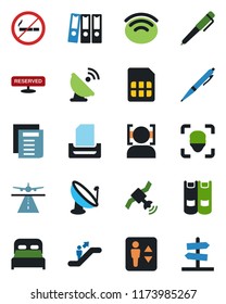 Color and black flat icon set - runway vector, elevator, escalator, no smoking, book, document, satellite antenna, sim, wireless, face id, paper binder, tray, pen, bedroom, reserved, guidepost