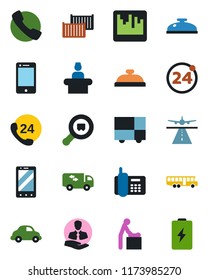 Color and black flat icon set - runway vector, airport bus, 24 around, baby room, reception, mobile phone, office, hours, client, cargo container, car delivery, consolidated, search, cell, call