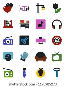Color and black flat icon set - cafe vector, abacus, mouse, desk, stamp, glove, garden light, real heart, tulip, radio, headphones, cut, music, tie, cushioned furniture, tv, restaurant table