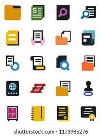 Color and black flat icon set - passport vector, stamp, document search, notepad, reload, contract, receipt, folder, news, paper tray, archive box, certificate