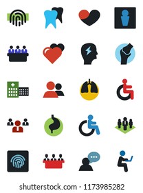 Color and black flat icon set - male vector, disabled, team, brainstorm, meeting, heart, stomach, lungs, tooth, joint, hospital, speaker, group, fingerprint id, company, man with notebook