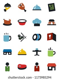 Color and black flat icon set - hot cup vector, coffee, waiter, dish, restaurant table, cook hat, wine card, plates, cafe building, receipt, chicken, steak, ham, bowl, sushi, storefront