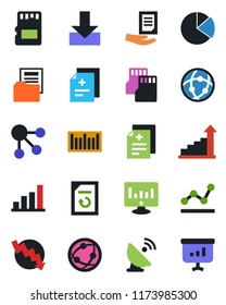 Color and black flat icon set - growth statistic vector, crisis graph, document, monitor, reload, diagnosis, barcode, satellite antenna, network, sd, download, bar, pie, folder, point, social media