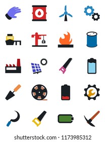 Color and black flat icon set - trowel vector, glove, saw, sickle, sea port, flammable, oil barrel, reel, battery, low, root setup, sun panel, crane, factory, windmill, gear, hard work