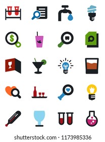 Color and black flat icon set - document search vector, bulb, blood test vial, thermometer, heart diagnostic, fragile, cargo, water supply, alcohol, wine card, drink, cocktail, phyto bar, money