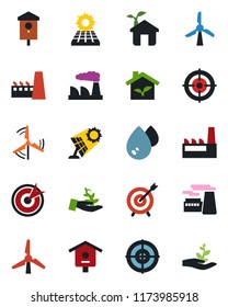 Color and black flat icon set - factory vector, bird house, target, sun panel, windmill, eco, water, palm sproute