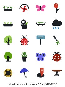 Color and black flat icon set - umbrella vector, sun, flower in pot, ripper, tree, butterfly, lady bug, seedling, rain, plant label, picnic table, tulip