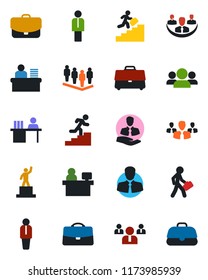 Color and black flat icon set - manager vector, pedestal, team, place, client, case, company, desk, career ladder, group